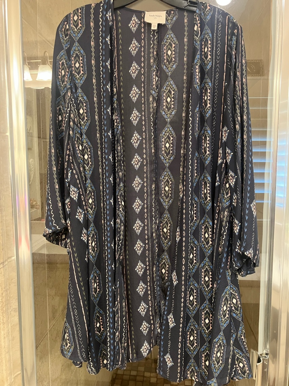 Haute Hippie Tribe Navy and White Geometric Boho Open-Front Kimono